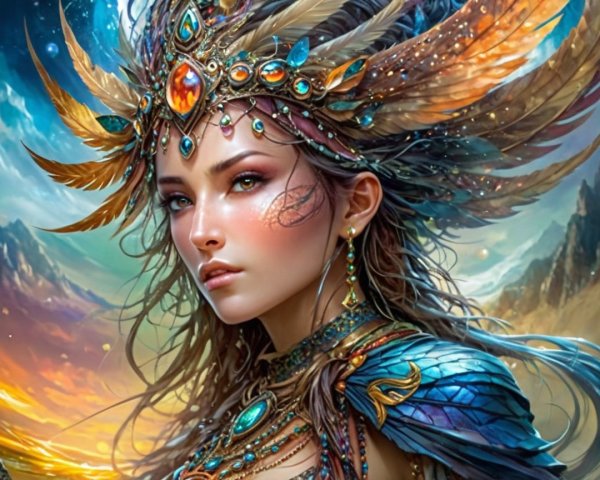 Female figure with feathered headdress in fantasy setting