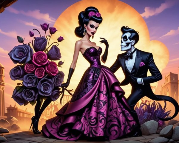 Glamorous Skeleton and Elegant Woman at Sunset