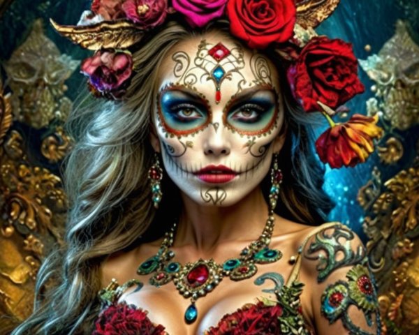 Intricate Sugar Skull Makeup and Elaborate Dress