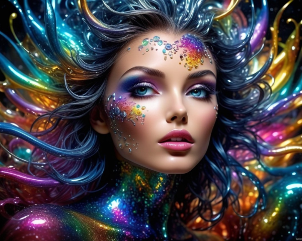 Portrait of a woman with colorful hair and gems