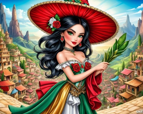 Vibrant Woman in Traditional Outfit in Scenic Landscape