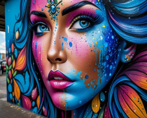 Vibrant Mural of Woman's Face with Intricate Designs