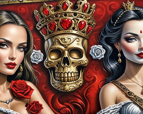 Elegant Women with Makeup, Hairstyles, and Skull Decor