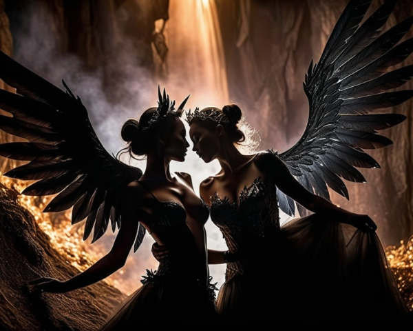 Ethereal Figures with Black Wings in Cave Light
