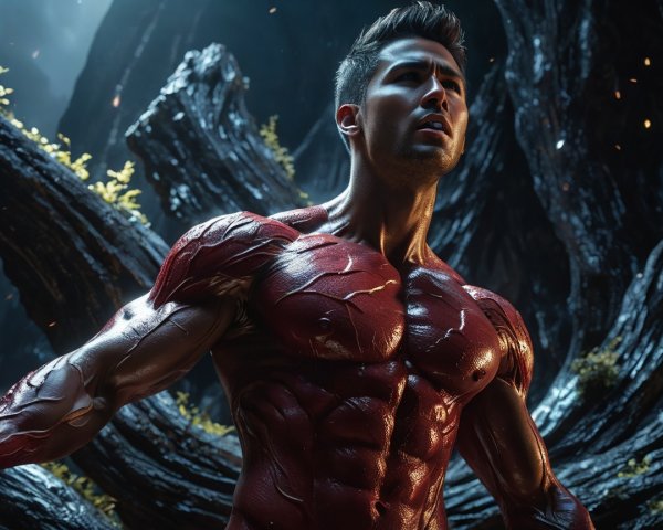 Muscular Figure in Mystical Forest with Red Skin