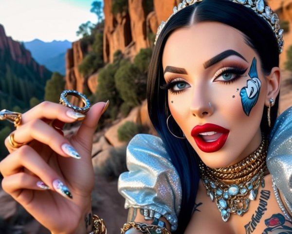 Glamorous Woman with Bold Makeup and Scenic Backdrop