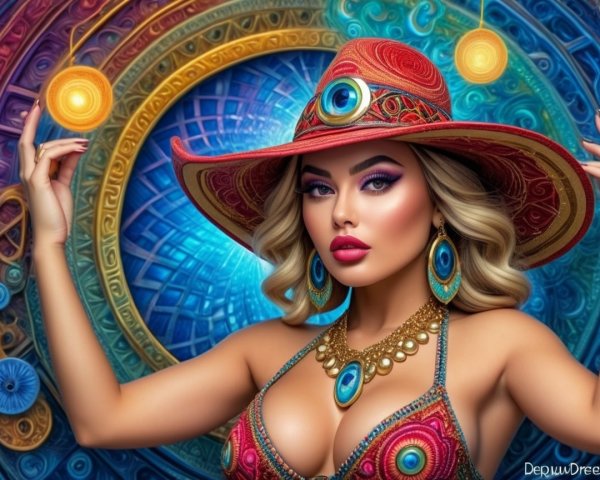 Glamorous Woman in Vibrant Attire and Bold Accessories