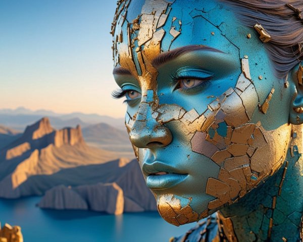Close-Up of Woman with Cracked Blue and Gold Skin