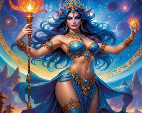 Mystical figure in blue attire with glowing orb