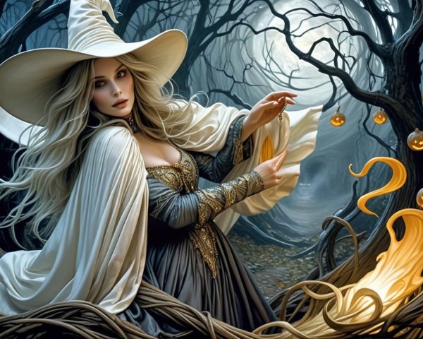 Mystical Witch in Gown Among Dark Trees and Pumpkins