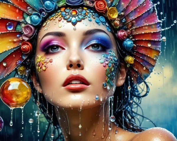 Portrait of a woman with a vibrant floral headdress