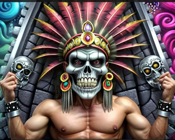 Muscular Figure with Tribal Accessories and Skull Face