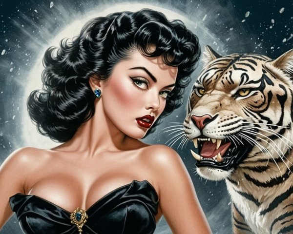Glamorous Woman with Tiger Under a Glowing Moon