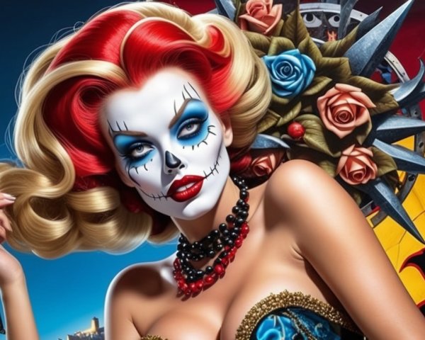 Vibrant Figure with Sugar Skull Makeup and Glamorous Outfit