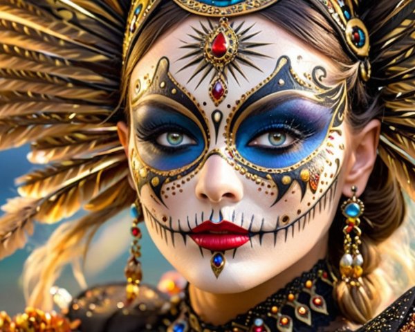 Vibrant Sugar Skull Makeup with Ornate Jewelry and Feathers