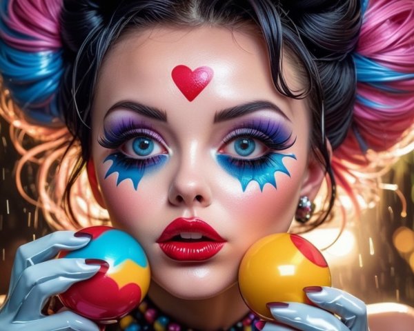 Colorful Clown-Inspired Look with Playful Hair and Makeup