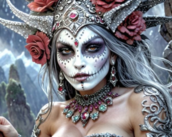 Elaborate Sugar Skull Makeup with Mystical Backdrop