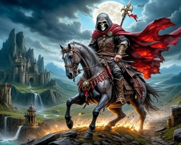 Mysterious Figure on Black Horse in Dramatic Landscape