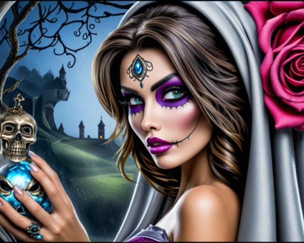 Dramatic Makeup and Skull Motif in Haunting Landscape