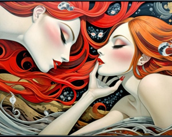 Ethereal Figures with Red Hair and Abstract Elements