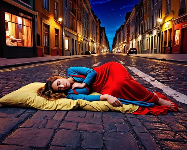 Woman in red dress on yellow pillow at dusk