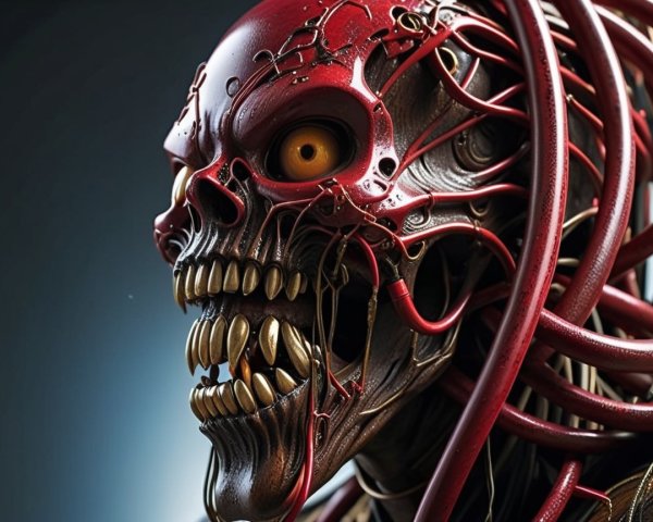 Cybernetic Skull with Glossy Red Exterior and Wires