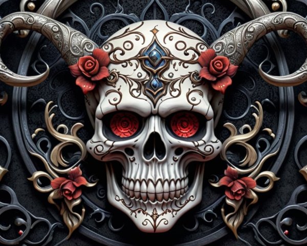 Ornate skull with horns and red roses on dark background