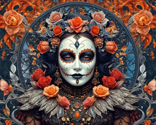 Dia de los Muertos Figure with Floral and Gothic Themes