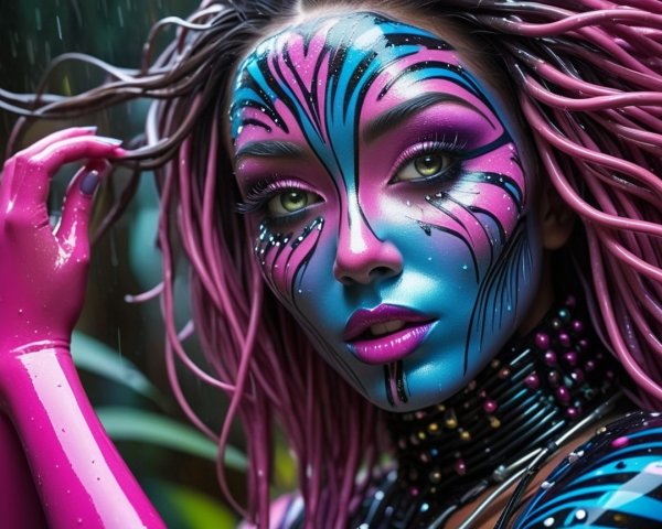 Portrait of a model with vibrant face paint and bold hair
