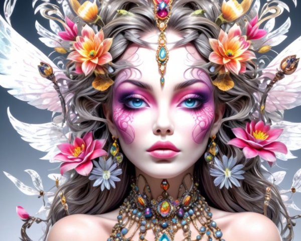 Portrait of a mythical figure with flowers and wings