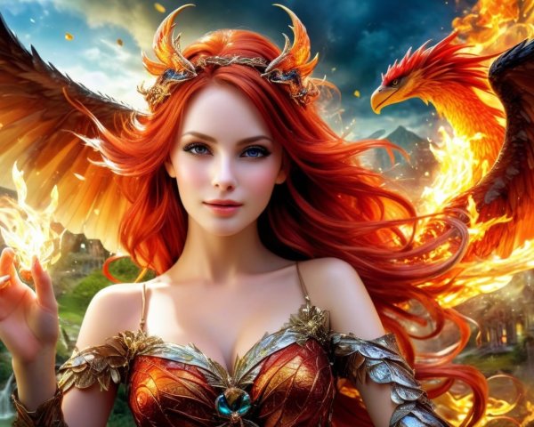 Majestic woman in ornate outfit with phoenix companion
