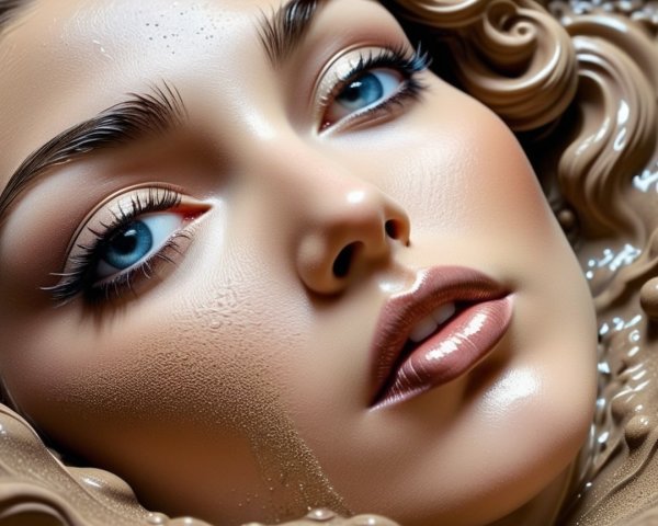 Close-up of a serene face in creamy substance