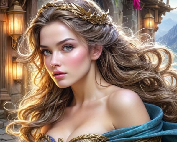 Young woman in elegant teal outfit with golden headpiece
