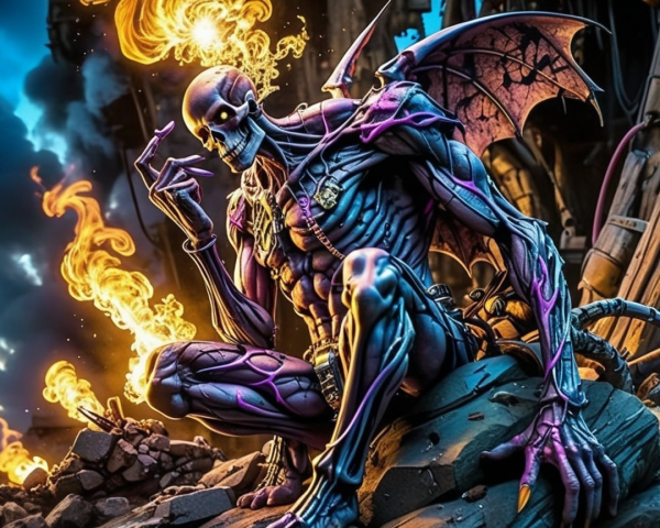 Vibrant Skeleton with Glowing Skin and Wings Amid Rubble