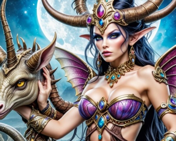 Mystical Fantasy Scene with Female Figure and Dragon