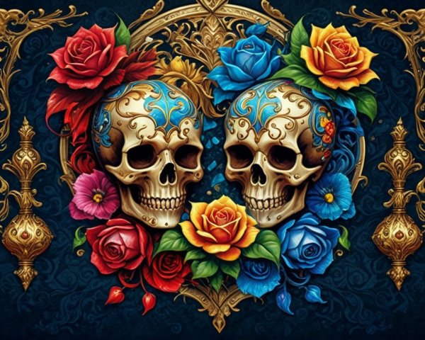 Intricate Art Piece with Ornate Skulls and Flowers