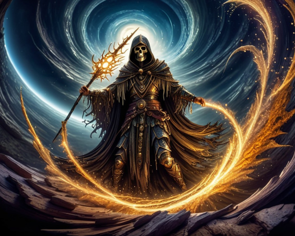Mystical Figure with Skull Mask in Cosmic Landscape
