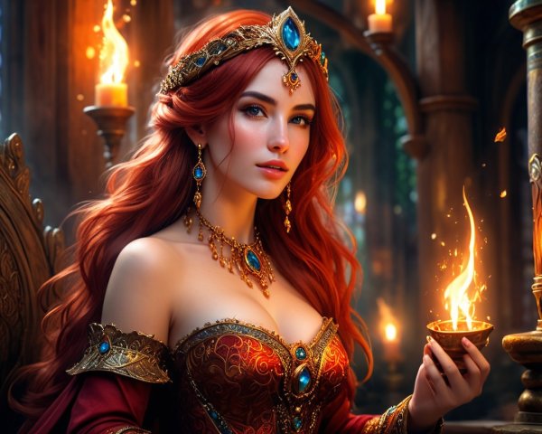 Regal Woman on Throne with Red Hair and Flames