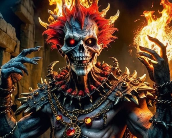 Skeletal Figure with Flame Hair in Eerie Setting