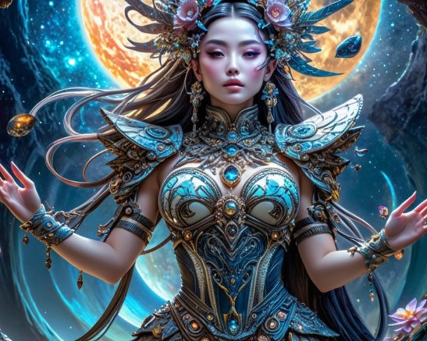 Mystical Figure in Intricate Armor Against Cosmic Backdrop