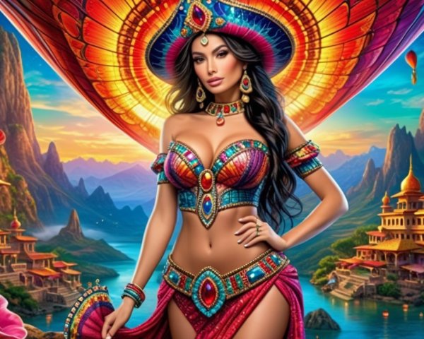 Vibrant Figure in Jewel-Adorned Attire with Nature Backdrop