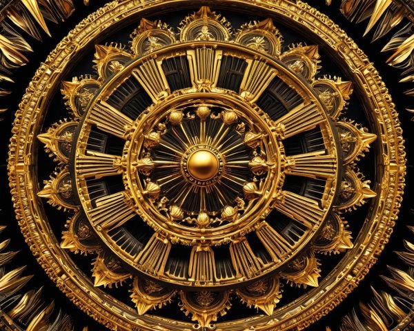 Intricate Circular Design with Golden Patterns and Motifs
