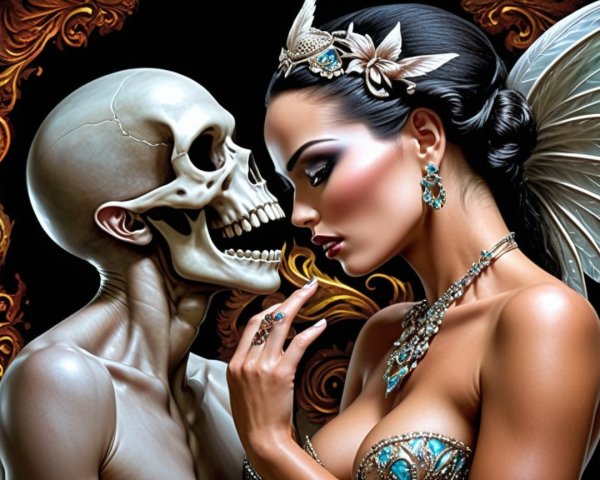 Skeleton and Woman in Enigmatic Gaze with Wings