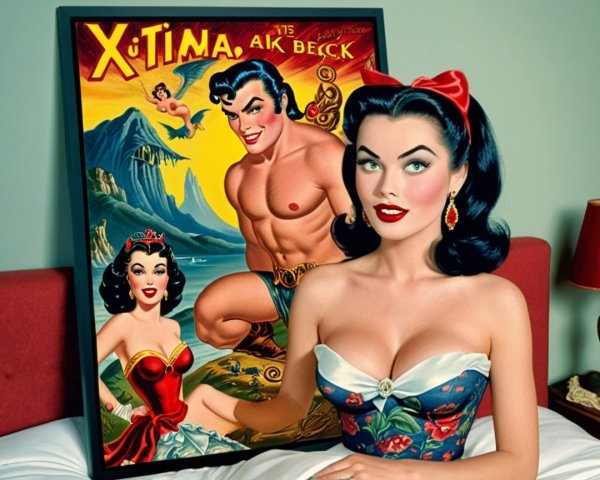 Glamorous Woman in Vintage Dress with Comic Poster