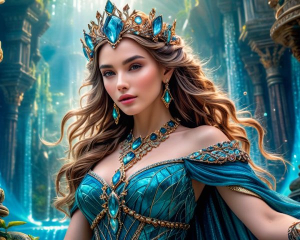 Regal Woman in Turquoise Gown in Mystical Forest