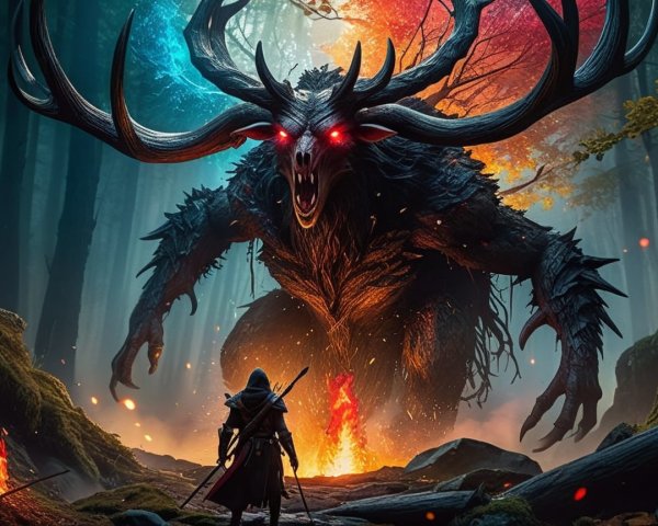 Mystical Forest Showdown with Towering Creature