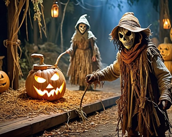 Spooky Figures with Jack-o'-Lanterns in Dark Setting
