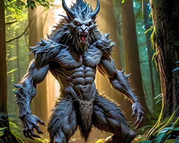 Muscular Creature in Dense Forest with Glowing Eyes