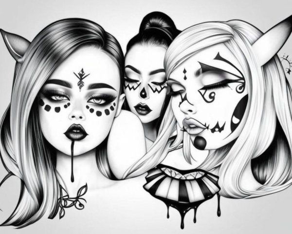 Black-and-white illustration of stylized female figures