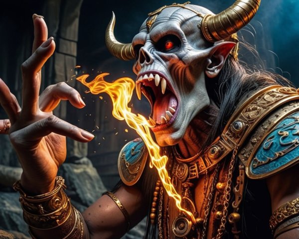 Demonic Figure in Golden Armor with Flames and Horns